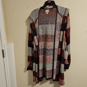 Tru Self Gray and Burgandy Stripped Hooded Cardigan. NWT